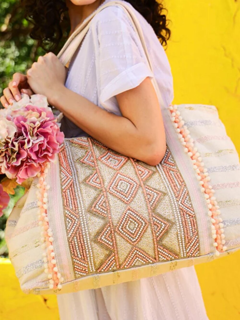 America & Beyond Rose Gold Beaded Tote Bag Pink Peach White Gold Natural Canvas